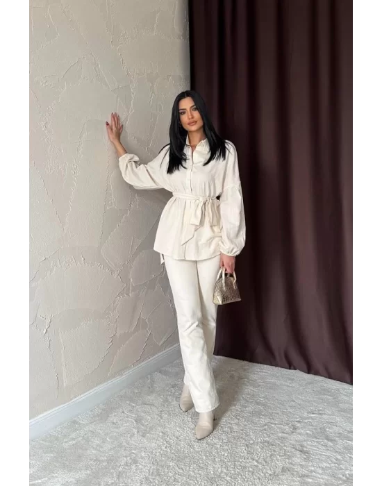 Bej Petek Jakar Kumaşlı Gömlek