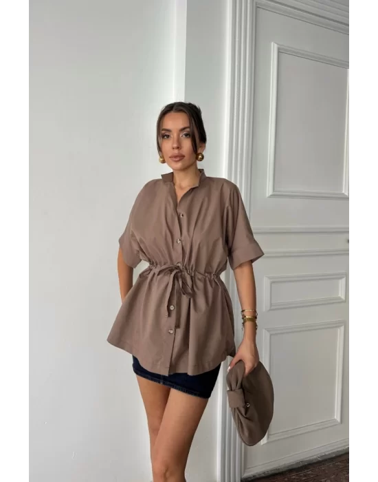 BEL BÜZGÜ DETAYLI POPLİN GÖMLEK - Kahverengi