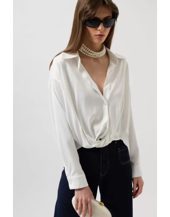 Bel Büzgülü Crop Saten Gömlek