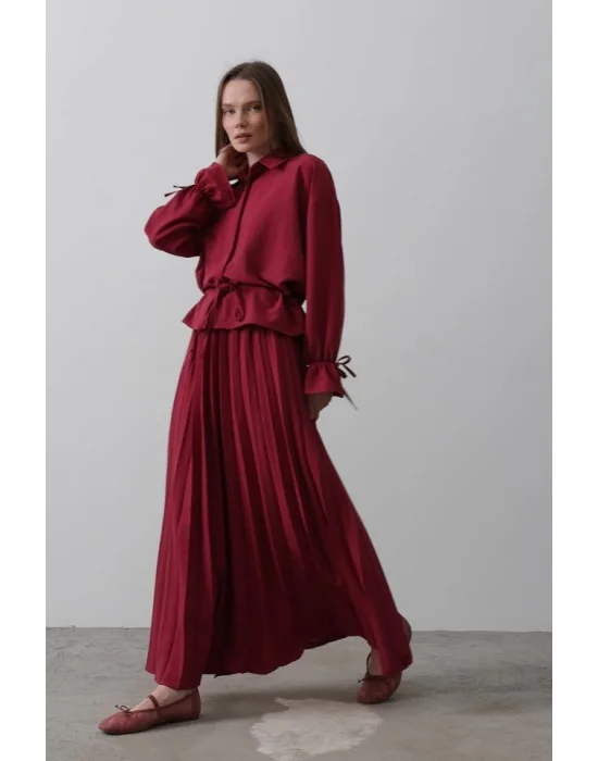 Bel Detaylı Bluz Pileli Etek - Bordo