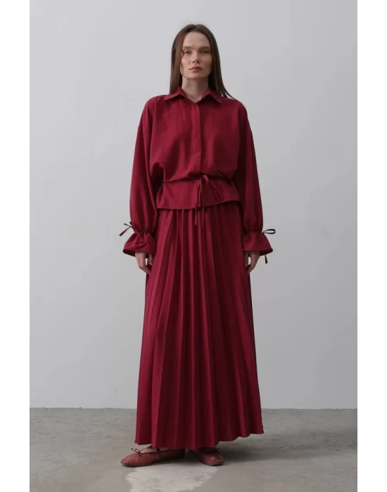 Bel Detaylı Bluz Pileli Etek - Bordo