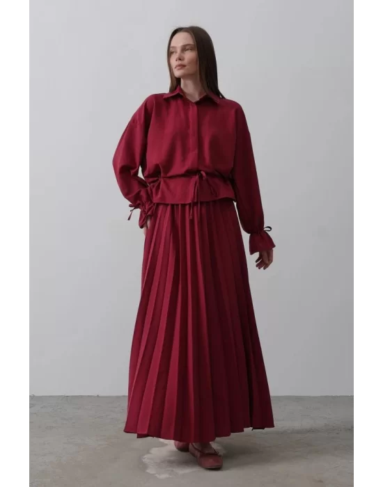 Bel Detaylı Bluz Pileli Etek - Bordo