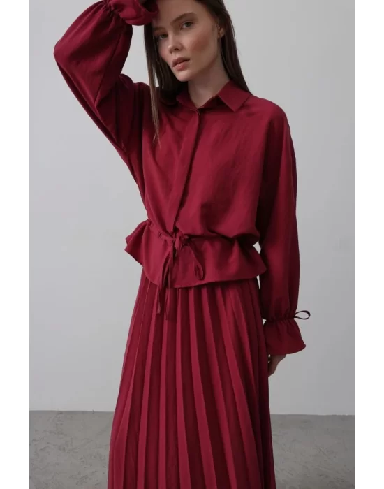 Bel Detaylı Bluz Pileli Etek - Bordo