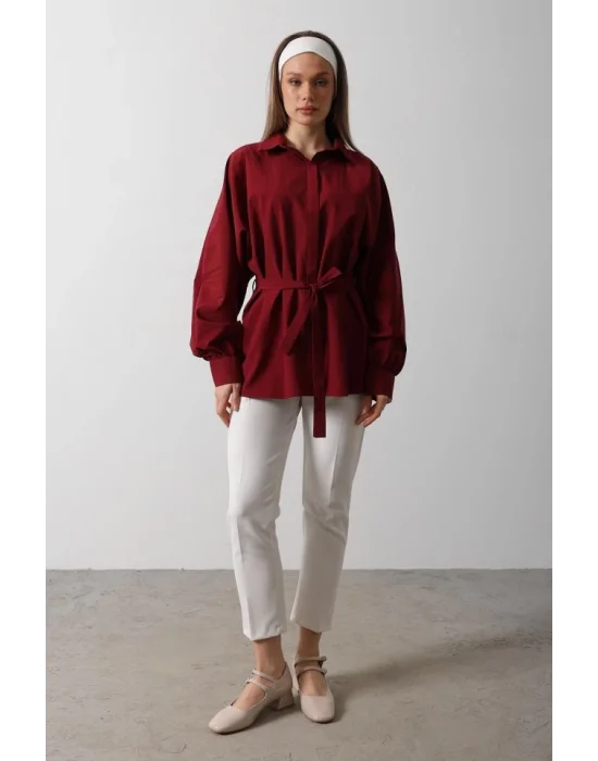 Bel Detaylı Gömlek - Bordo