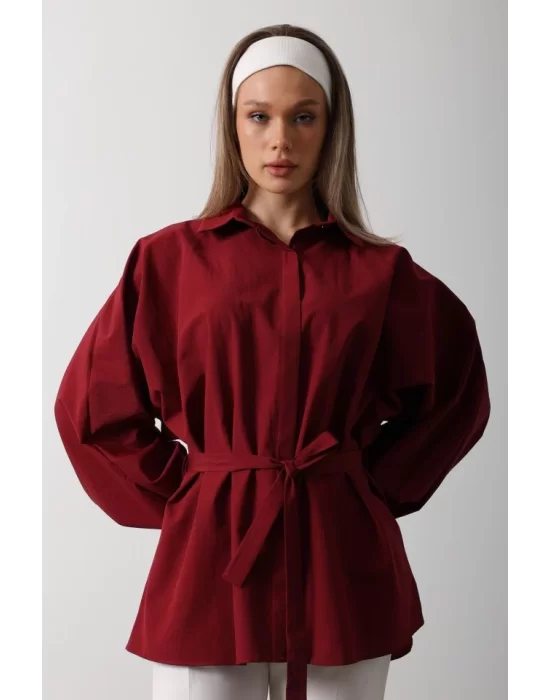 Bel Detaylı Gömlek - Bordo