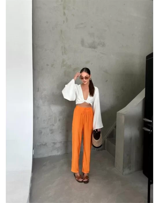 BEL LASTİK DETAYLI MODAL KUMAŞ PANTOLON - Orange