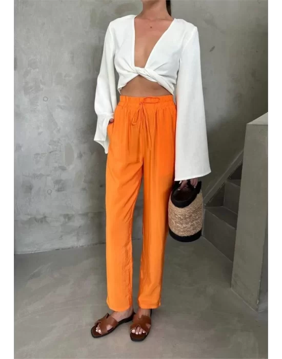 BEL LASTİK DETAYLI MODAL KUMAŞ PANTOLON - Orange