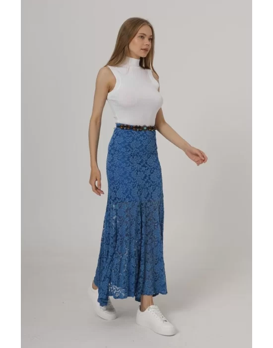 Bel Lastikli Dantel Etek - Krem