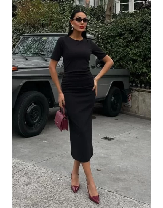 Beli Büzgülü Midi Elbise 2853