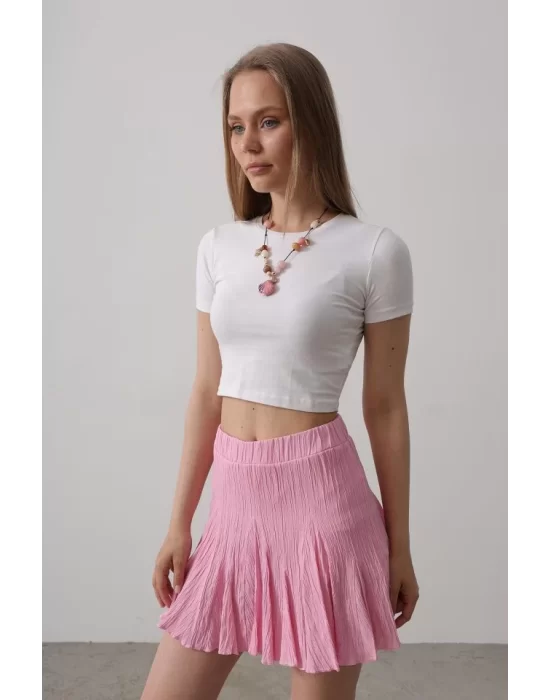 Beli Lastikli Mini Etek - Pembe