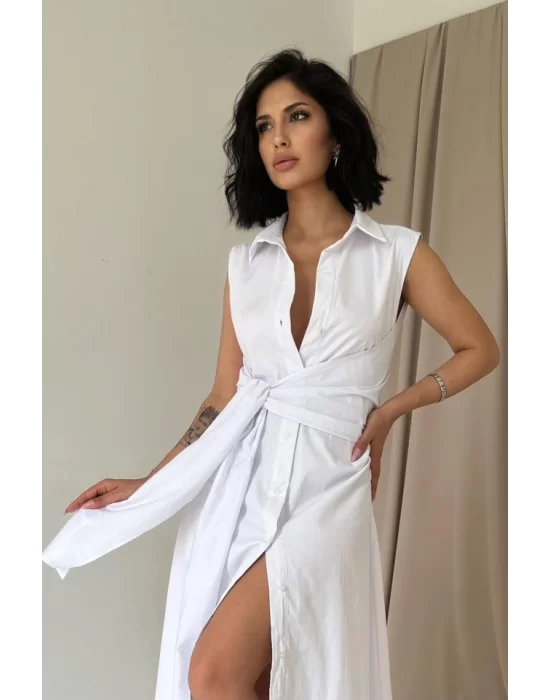 Beyaz Gömlek Yaka Bağlamalı Elbise