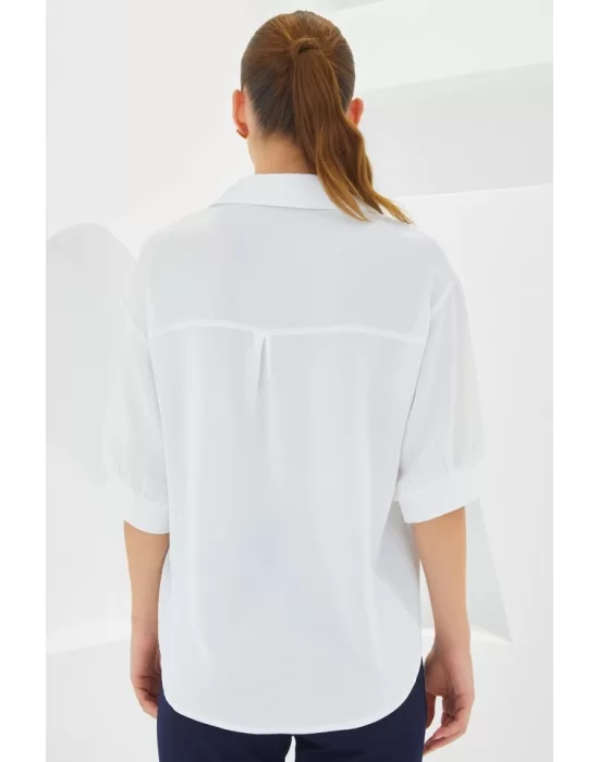 Beyaz Kısa Kol Oversize Keten Gömlek 20240
