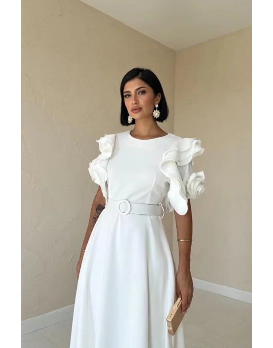 Beyaz Kolları Volanlı Kemerli Elbise