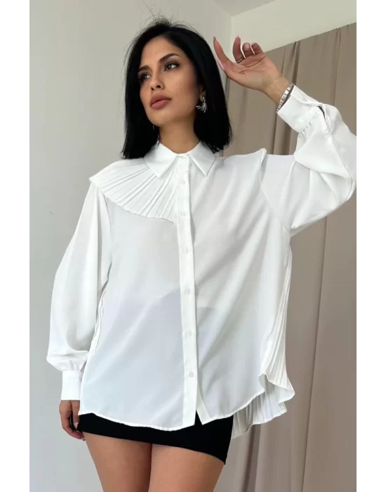 Beyaz Pilise Detaylı Jesica Gömlek