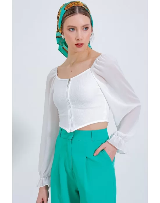 Beyaz Şifon Önü Fermuarlı Bluz 0496