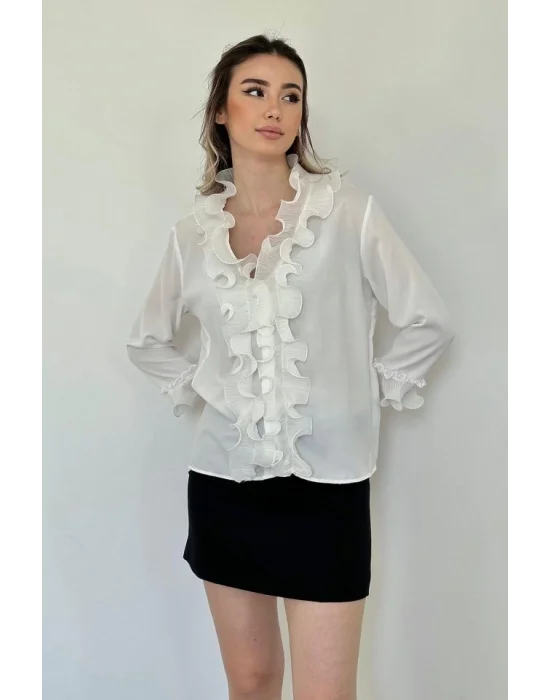 Beyaz Yakası Volanlı Gömlek