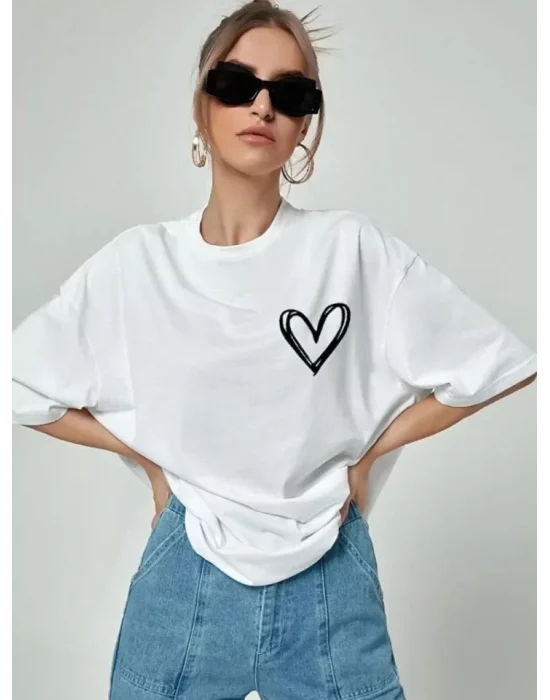 Bisiklet Yaka Baskılı Oversize T-Shirt - Beyaz