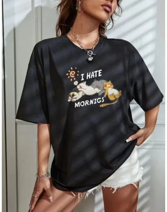 Bisiklet Yaka Baskılı Oversize T-Shirt - Siyah
