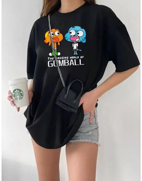 Bisiklet Yaka Baskılı Oversize T-Shirt - Siyah