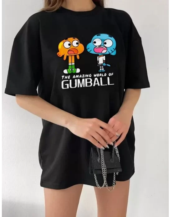 Bisiklet Yaka Baskılı Oversize T-Shirt - Siyah