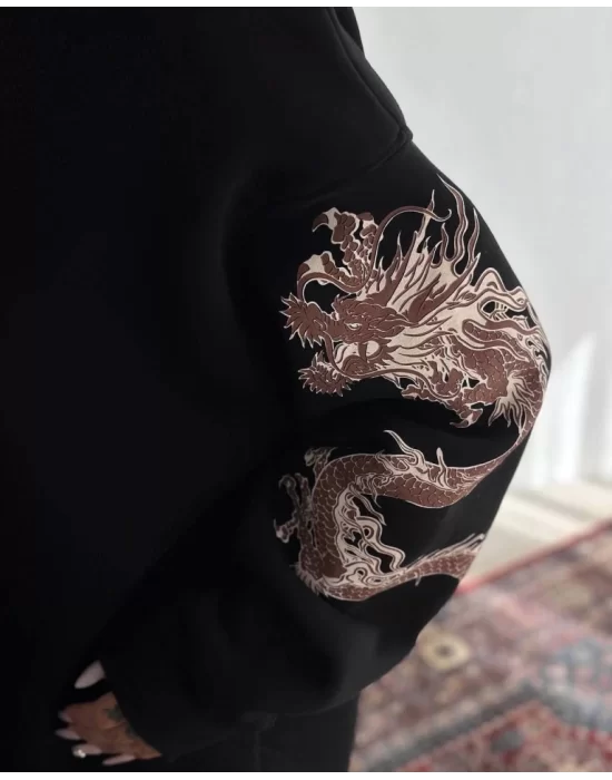 Bisiklet Yaka Baskılı SweatShirt - Siyah
