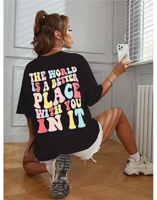 Bisiklet Yaka Baskılı T-shirt - Siyah