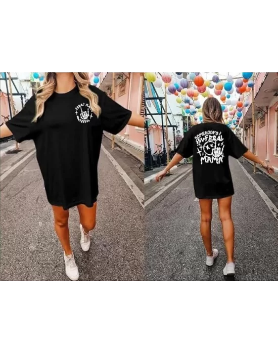 Bisiklet Yaka Baskılı T-shirt - Siyah