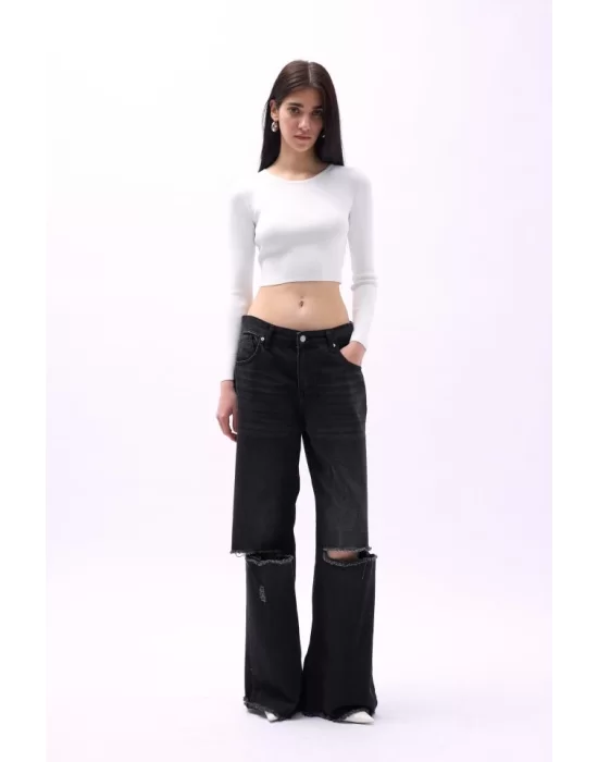 Bisiklet Yaka Dokulu Crop