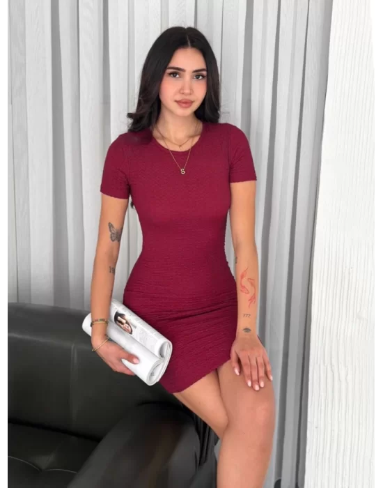 Bisiklet Yaka Kısa Kol Likralı Elbise - Bordo