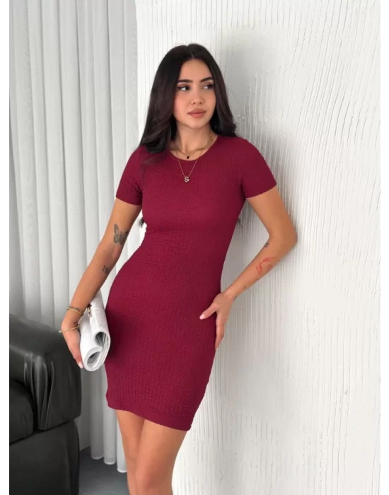 Bisiklet Yaka Kısa Kol Likralı Elbise - Bordo