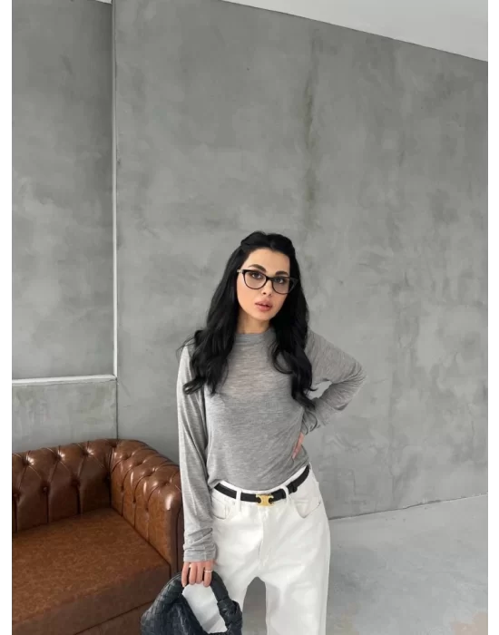 Bisiklet Yaka Uzun Kollu Crop - Gri