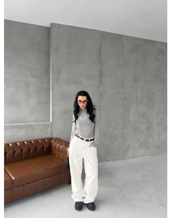 Bisiklet Yaka Uzun Kollu Crop - Gri
