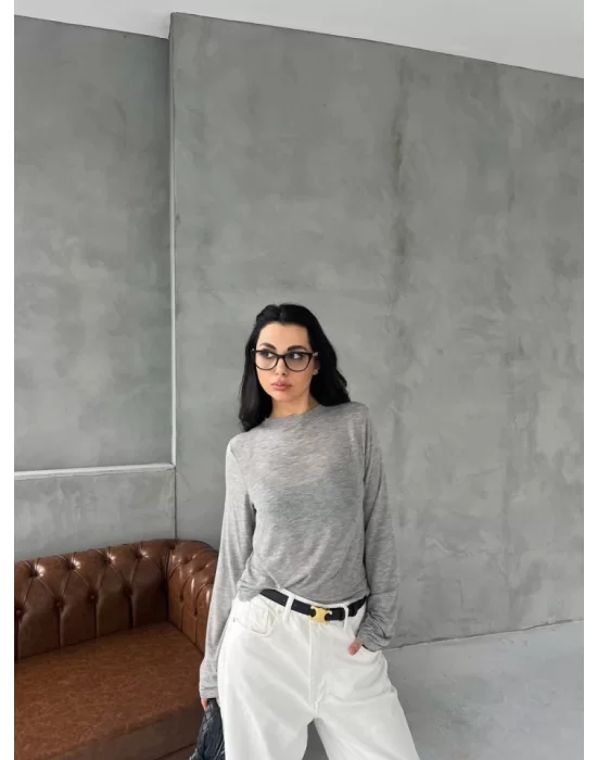 Bisiklet Yaka Uzun Kollu Crop - Gri