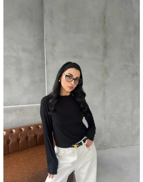 Bisiklet Yaka Uzun Kollu Crop - Siyah