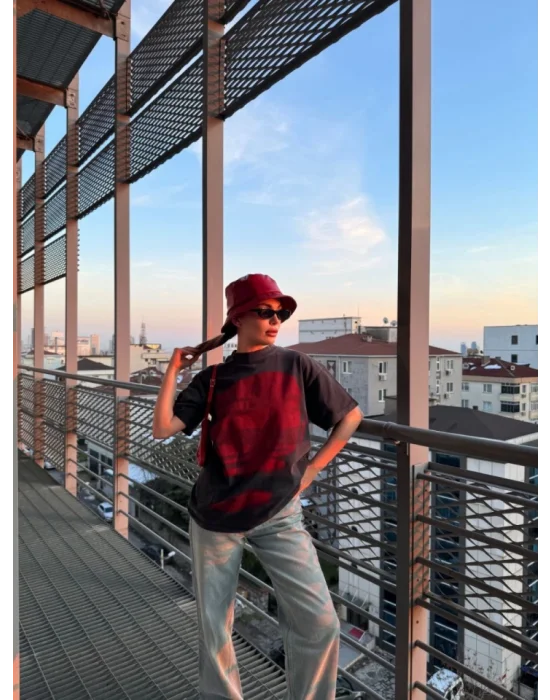 Bisiklet Yaka Yıkamalı Baskılı T-Shirt - Antrasit