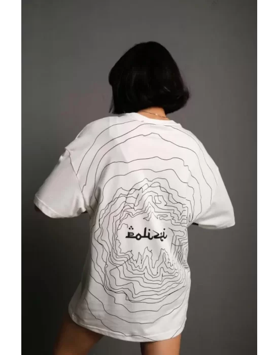 Bisiklet Yakalı Sırt Baskılı Oversize T-Shirt - Beyaz