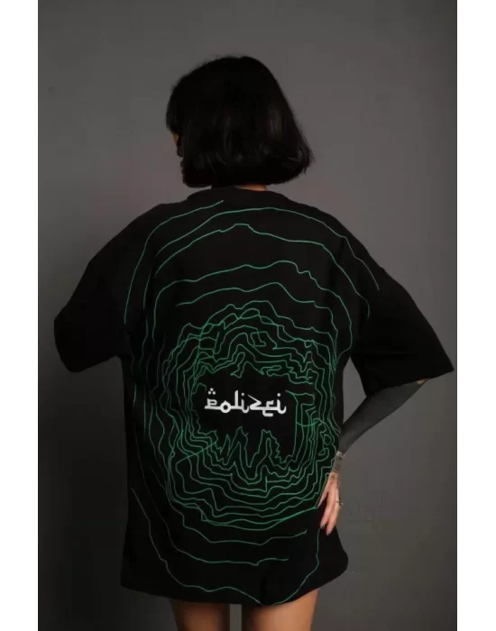 Bisiklet Yakalı Sırt Baskılı Oversize T-Shirt - Siyah
