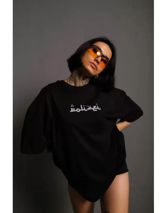 Bisiklet Yakalı Sırt Baskılı Oversize T-Shirt - Siyah
