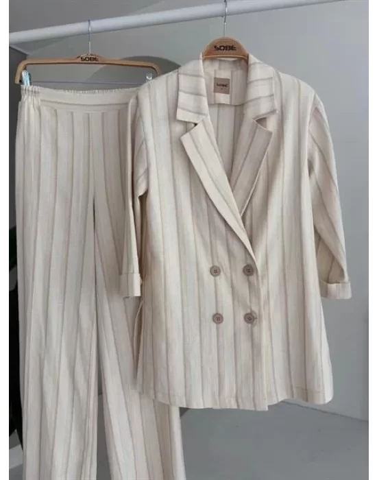 Blazer Ceketli Çizgili Keten Takım 10186