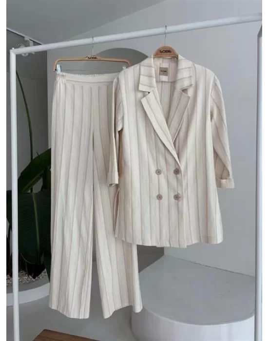 Blazer Ceketli Çizgili Keten Takım 10186