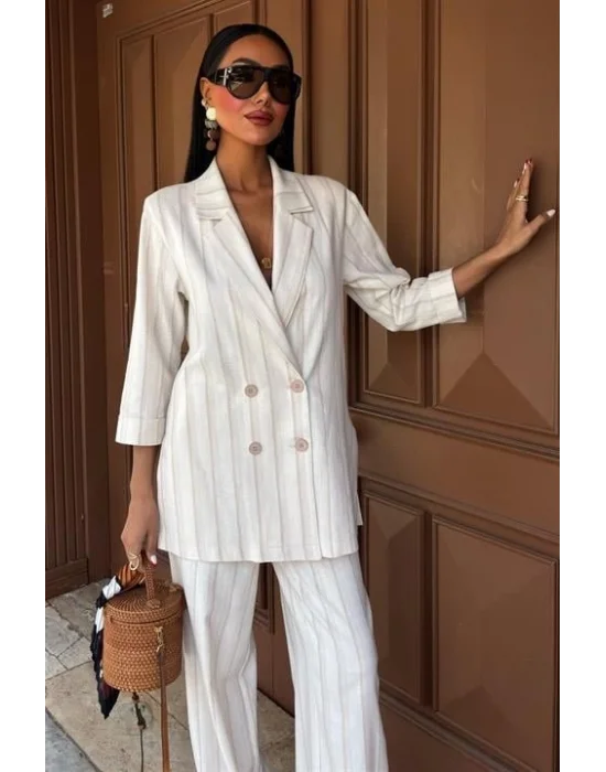 Blazer Ceketli Çizgili Keten Takım 10186