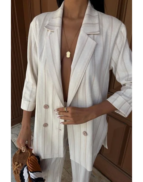 Blazer Ceketli Çizgili Keten Takım 10186