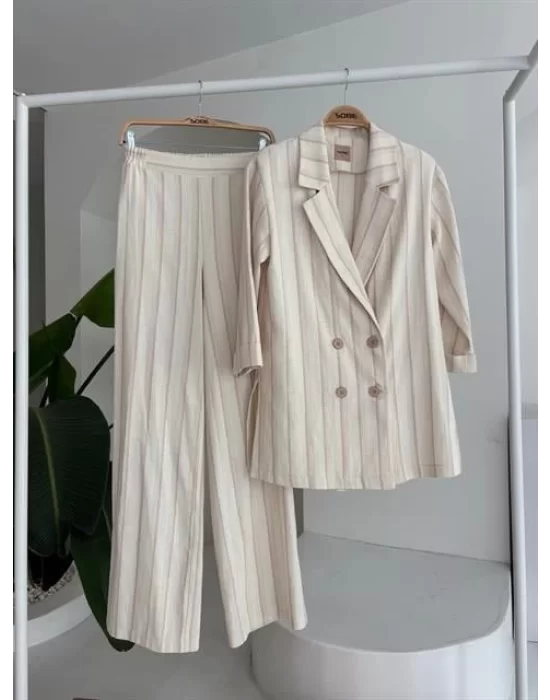 Blazer Ceketli Çizgili Keten Takım 10186