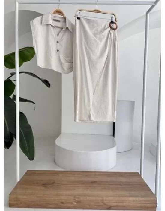 Bluzu Büzgülü Ve Eteği Tokalı Keten Takım 10204