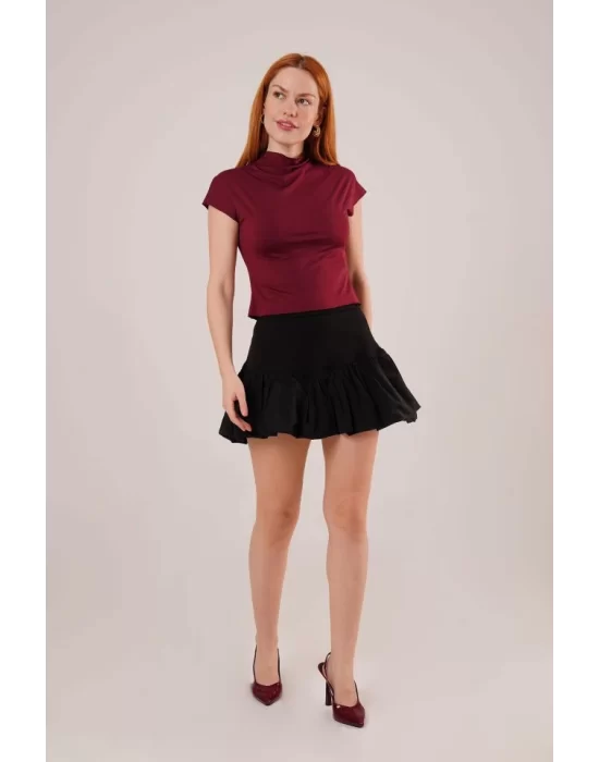 Boğazlı Parlak Kumaş Bordo Crop