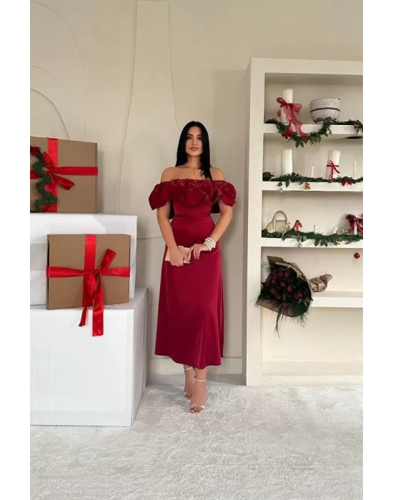 Bordo Omuz Büzgülü Saten Elbise