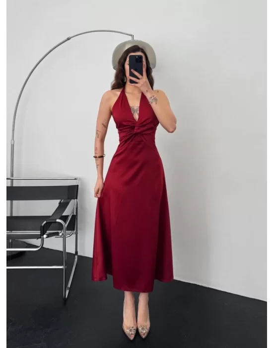 Bordo Uzun Saten Elbise