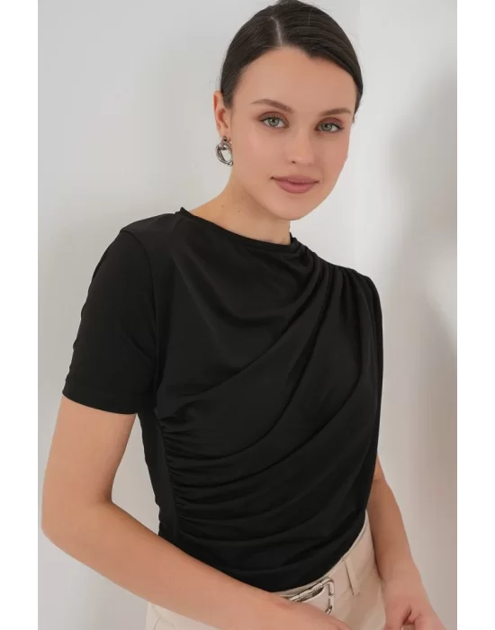 Büzgü Detaylı Kısa Kol Sandy Bluz 945 - Siyah