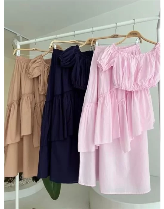 Büzgülü Crop Kat Detaylı Fırfır Etekli Takım 10196