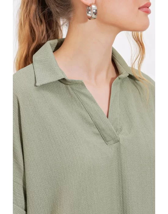 Çağla Oversize Polo Yaka Örme Bluz 0486
